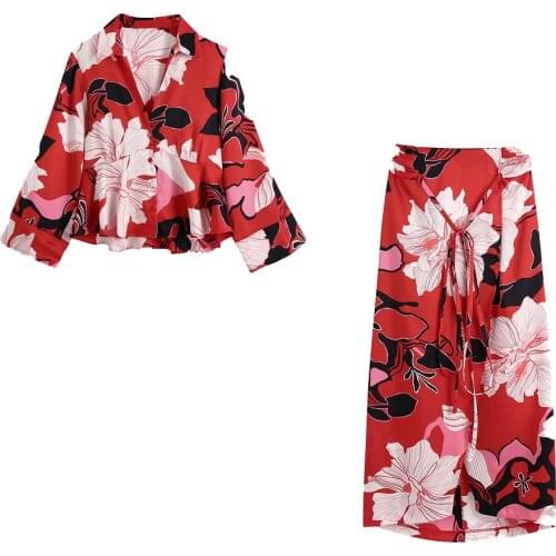 XIKOM 2021 Women Two-Piece Set Print TurnDown Collar Long Sleeve Shirt Female Vintage Mid-Calf Skirt Indie Folk Slim Set