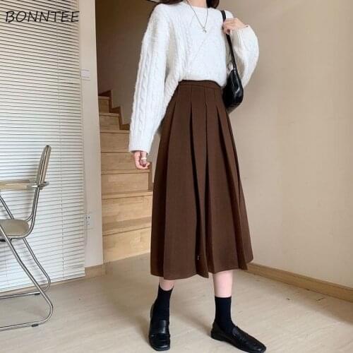 Women Skirts Solid Pleated Mid-calf Vintage Preppy Style Ulzzang Stylish School Girls Loose Casual All-match Chic Females Spring