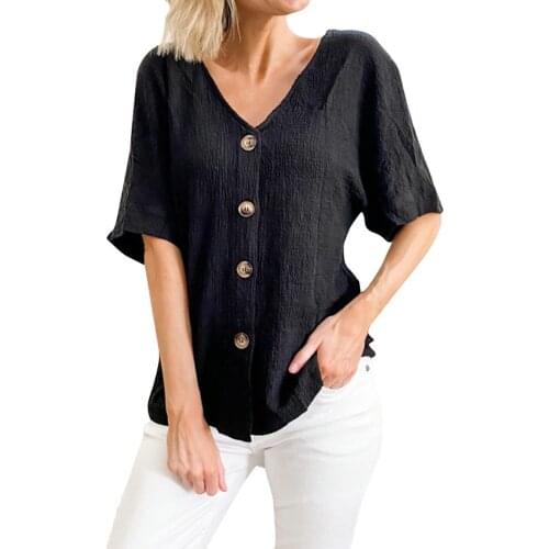 New Fashion Women Ladies Summer Casual Cute Short Sleeve Blouse Buttons Solid Color Tees Shirts Tops Black Pink