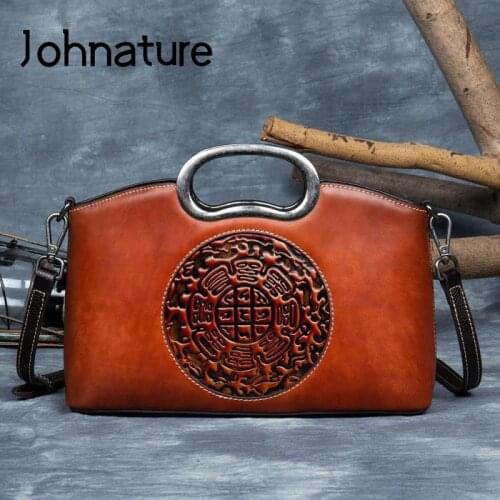 Johnature Retro Handmade Totem Women Bag 2021 New Genuine Leather Versatile Handbag Embossed Cowhide Shoulder Messenger Bags