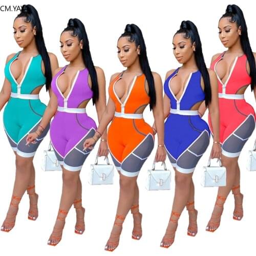 CM.YAYA Active Wear Zipper Up Moto Biker Women Shorts Playsuit Streetwear Patchwork Cut Out Waist One Piece Romper Bodysuit