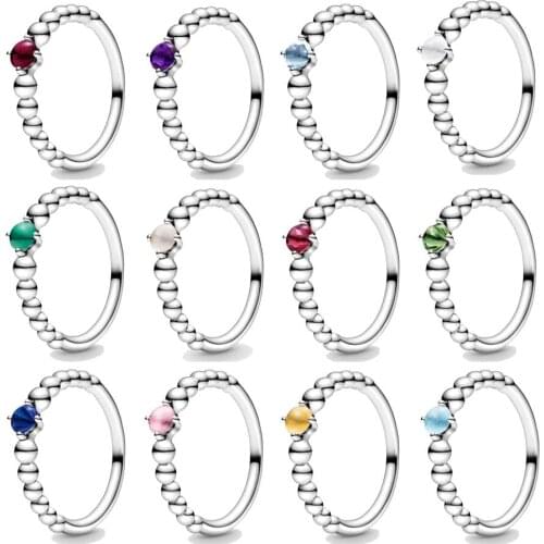 Authentic 925 Sterling Silver Ring Birthstone Beaded With Crystal Rings For Women Birthday Gift Fine DIY Fashion Jewelry