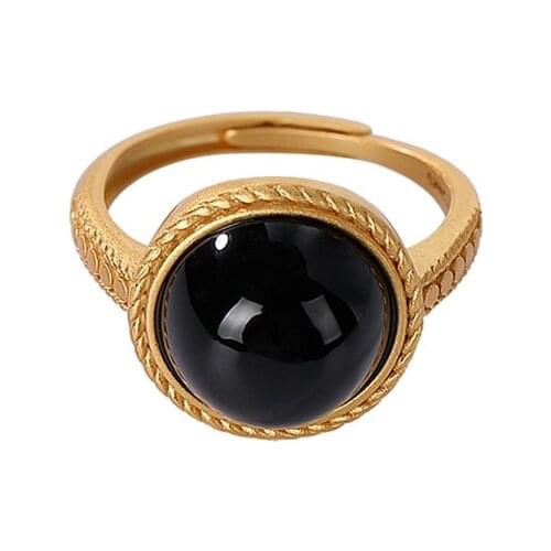 Baifuming s925 sterling silver gold-plated natural Hetian dark jade ring retro simple twist Womens Open ring