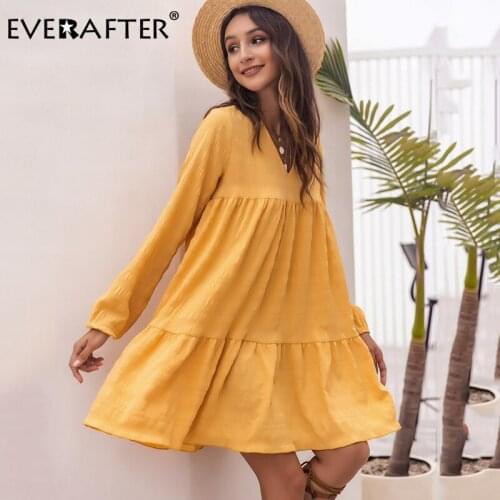 EVERAFTER Women V-neck ruffles solid loose dress autumn winter female yellow long sleeve casual holiday beach midi dresses 2020
