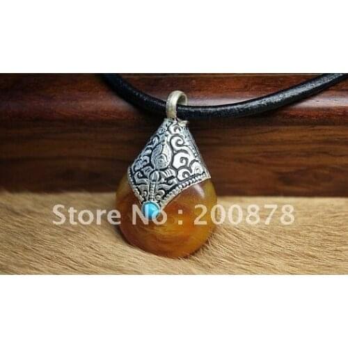 10PCS Tibetan Pendants Copper Capped Yellow Resin Vintage Drop Charms for Ladys Free Shipping