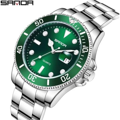 SANDA Business Watch Men Quartz Movement Sun Pattern Dial Design Clock Fashion Full Steel Waterproof Green Water Ghost Watch Men