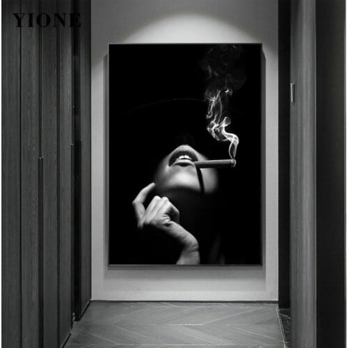 Black and White Smoking Woman Face Canvas Painting Modern Art Figure Prints Wall Picture for Living Bedroom Home Decor Poster