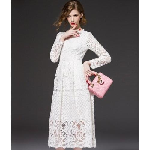 Elegant Floral Lace Women Dresses Long slim Sleeve White Mid-calf Dress High Quality Party Runway Dress Womens dress