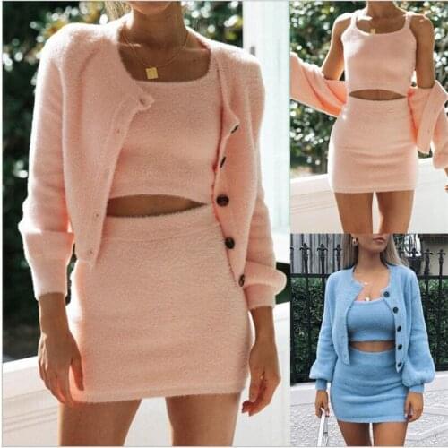 HIRIGIN Women Casual Fleece 3Pcs Sets Spaghetti Strap Tank Crop Tops Pencil Mini Skirt Long Sleeve Buttons Up Cardigan Jacket