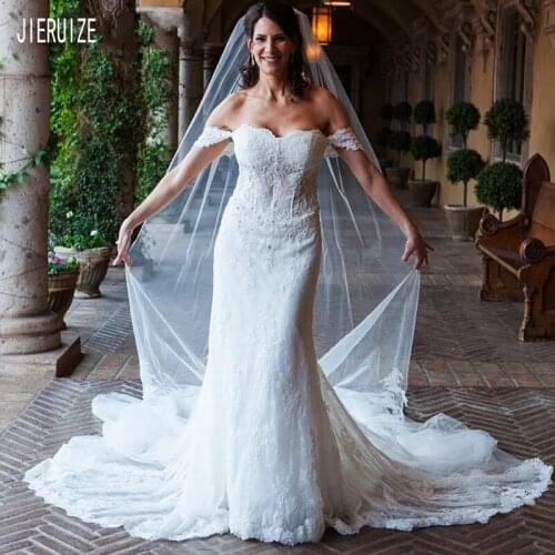 JIERUIZE Charming Long Mermaid Wedding Dresses Off Shoulder Lace Appliques Beaded White Bridal Dresses Lace Up robe de mariee