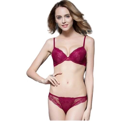 Deep V Sexy Floral Lace Push Up Bra and panty Set Matching Transparent Underwear Thin Under Thick Medium Cup Lingerie