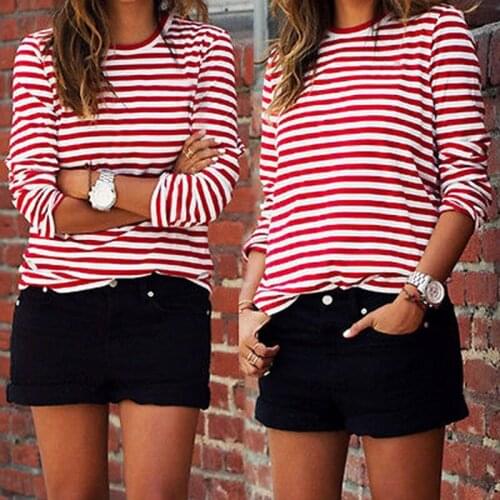 Fashioin Women Red White Striped Shirts Long Sleeve T Shirt Cotton Loose Shirt Female Basic O-Neck Tops Tee Casual Spring Autumn