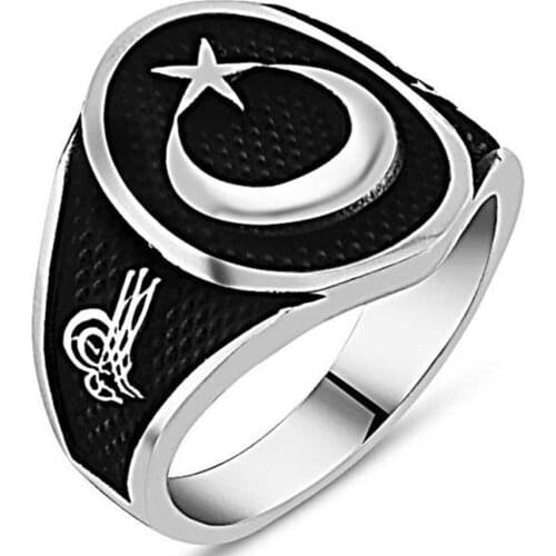 Solid 925 Sterling Silver Ottoman Sultan Tughra Crescent Star Mens Ring