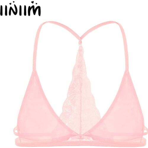 Iiniim Mens Sissy Lingerie Bra Exotic Tanks See Through Sheer Lace Y-shape Back Wire-free Unlined Triangle Bralette Bra Top