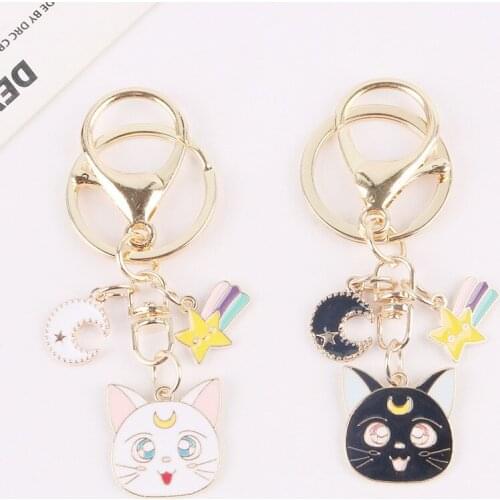New Cartoon Cat Alloy Car Keychain Cute Small Moon Star Metal Pendant Keyring Women Couple Bag Hanging Accessories Ornament Gift