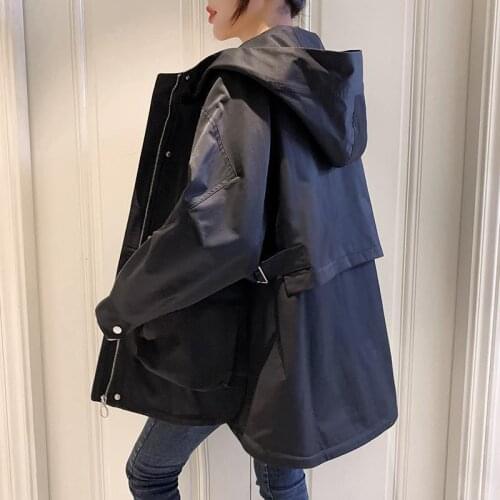 Autumn Female Hooded Windbreaker Coat Tooling Clothing 2021 New Korean Loose Casual Womens Coats Khaki Student Zipper Outwear