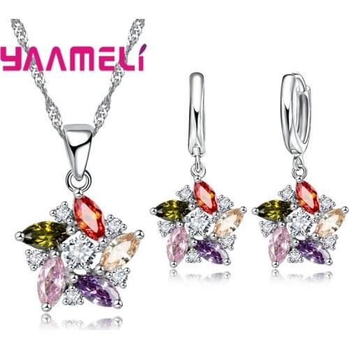 925 Sterling Silver Pendant Necklace Earrings Romantic Ethnic Style Windmill Shape Colorful/White Crystal Stone For Girl