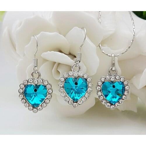 Silver Jewelry Sets Fashion Blue Heart Clear Crystal CZ Pendant Silver Necklace Earrings Set For Women Jewelry Bijoux Femme