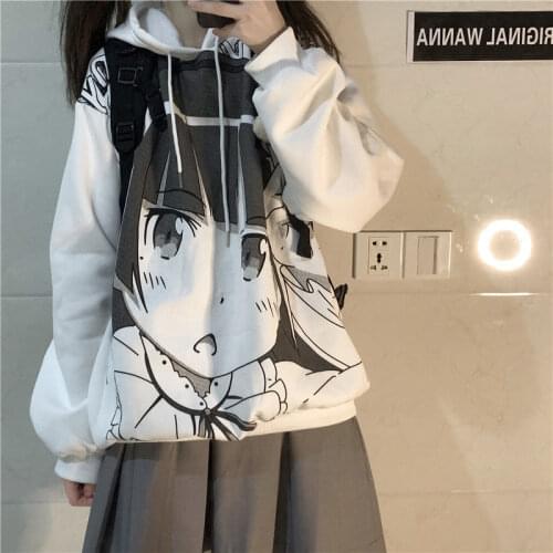 Oversize hoodie female Japanese anime print gothic vintage long-sleeved sweatshirt streetwear Harajuku preppy style kawaii top