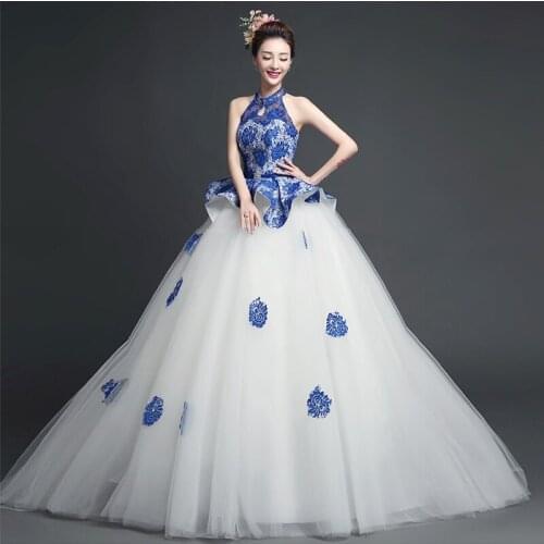 Blue White Porcelain Chinese Traditional Evening Gown Fashion Tutu Long Wedding Qipao Modern Cheongsam Oriental Dresses Custom