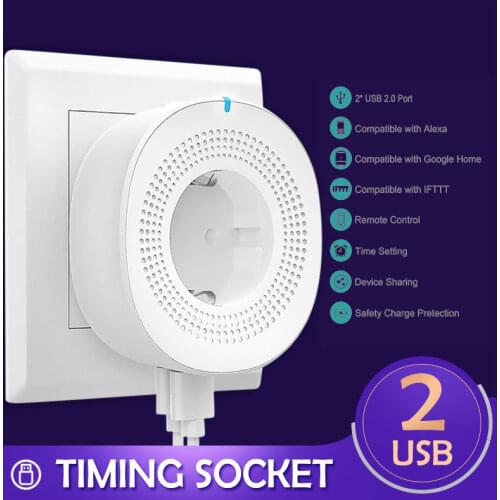 APP control WIFI smart timer socket EU 10A AC plug with dual USB 2.1A fast charging power adapter compatible alexa google ifttt