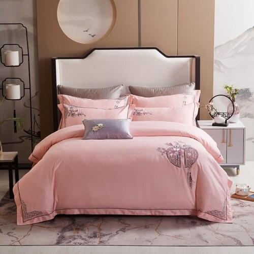 Vintage chinese style Embroidery pink Duvet Cover Set Luxury 600TC Egyptian Cotton 4pcs comforter cover bed sheet 2 pillowcases