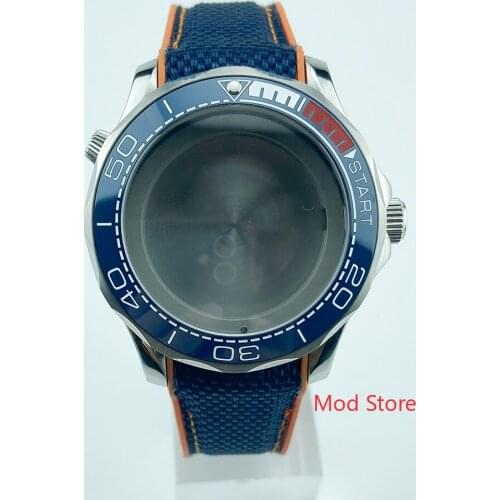 20ATM Water Resistant 41mm Blue/White/Red Ceramic Bezel Watch Case Sea-Master Style Fit DG2813 ETA2836 Automatic Movement