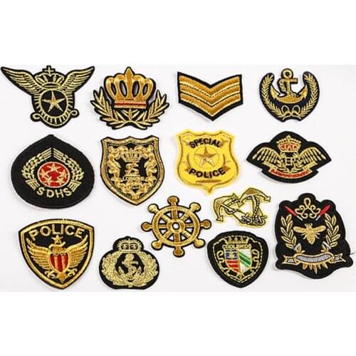 Gold Thread Embroidered Crest Badges Iron On Patches Fabric DIY Sewing Applique for Jackets Jeans Uniform Cap