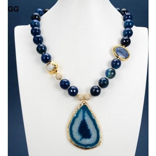 GG Jewelry Natural Agates Faceted Round Shape Oval Kyanites White Flower Pearl Necklace Blue Agates Slice Pendant For Women