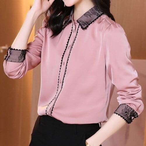 2021 Spring Fall Fashion Office Lady Women Lace Patchwork Blue Imitation Silk Top Blouse Shirt , Woman Clothes 3xl Tops Blouses