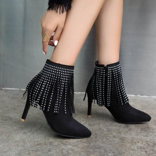 Tassel boots womens new autumn / winter 2019 Korean pointed high heel boots, diamond boots and thin heel short boots