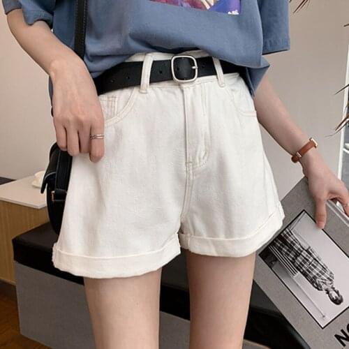 Ailegogo New Summer Women High Waist Black Denim Shorts With Belt Casual Female Solid Color Wide Leg Loose Fit Blue Jeans Shorts