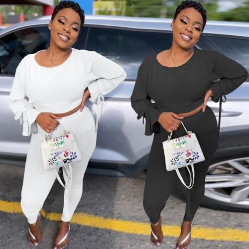 Women Solid Knitted Two Piece Tracksuits Autumn Long Flare Sleeve Crop Top And Long Skinny Trousers Casual Outfits Bodycon S-XXL