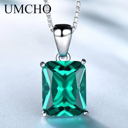 UMCHO Real 925 Sterling Silver Square Green Nano Emerald Gemstone Pendant Necklace For Women Gift Party Elegant Fine Jewelry