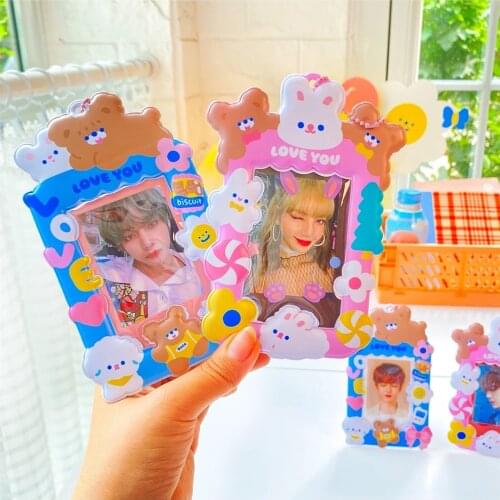 1PCs New Arrival Kawaii Bear Kpop Photocards Card Holder With Chain Protector Idol Photo Sleeves School Stationery