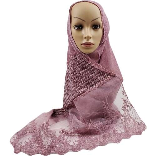 12pcs TR Cotton Embroidered Lace Scarf Women Muslim Elegant Hijabs Wrap Rhinestones Islamic Turban Malaysia Headscarf Long Shawl