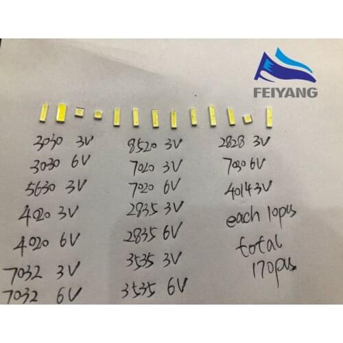 170pcs/lot 1W-2W SMD LED Kit 3V/6V 2835/3030/2828/3535/5630/7020/7030/4020/4014/7032 Cold white For TV Backlight Beads