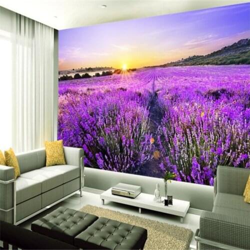 Beibehang Custom 3d wallpaper romantic purple lavender flower field gold sunrise wallpaper background wall decoration painting