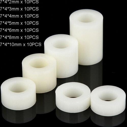 70Pcs M4 White Nylon Non-Threaded Spacer ABS Round Hollow Standoff Round Washer OD7mm Set/Kit Length 2-10mm