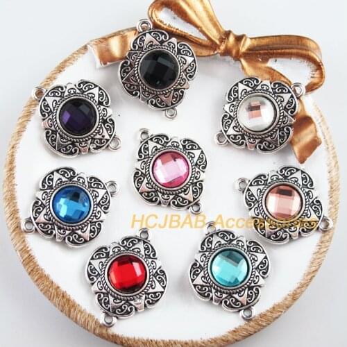 8 New Flower Charms Tibetan Silver Tone Retro Round Mixed Crystal Connectors 23.5x30mm