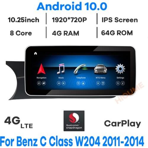 10.25" Snapdragon CPU Android 10 Car Multimedia Player GPS Radio for Mercedes Benz C Class W204 S204 2008-2014 8Core 4+64G