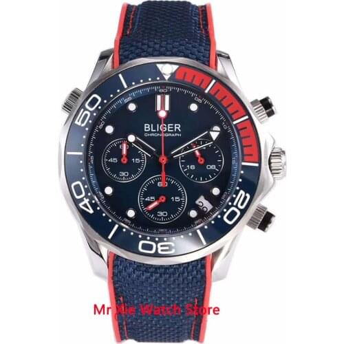 Bliger 41mm VK Quartz Wristwatch Men Sapphire Glass Luminous Waterproof Rubber Strap Date Sport Chronograph Function Watch Men