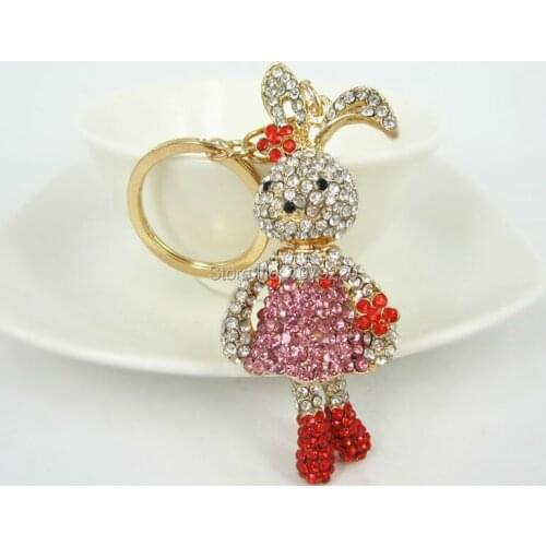 Rabbit Red Car Lovely Keyring Fashion Jewelry Women Bag Rings Crystal Rhinestone Charm Pendant Key Chain Gift moda 2015