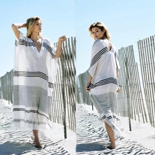 Rayon Stripe V-neck Loose Long Bikini Smock Beach Sunscreen Dress Swimsuit Cover