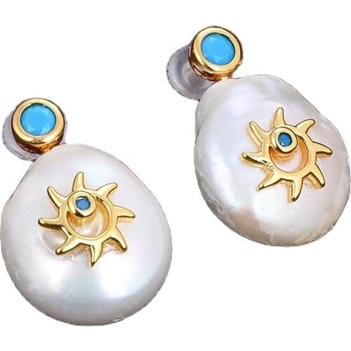 GG Jewelry Natural 18MM White Coin Keshi Pearl Gold Plated Blue Sun CZ Dangle Stud Earrings