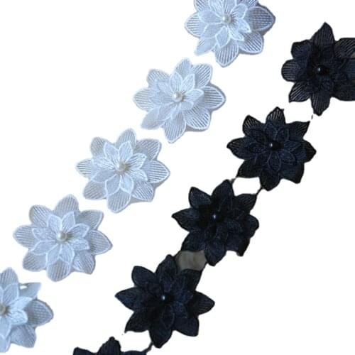 1 Yards White / Black Flower Cotton Embroidered Lace Bilateral Applique Trim Ribbon Sewing Decor Craft DIY