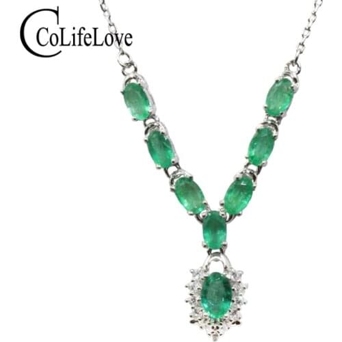 Fashion emerald necklace for evening party 100% natural SI grade emerald silver necklace 925 silver emerald wedding jewelry