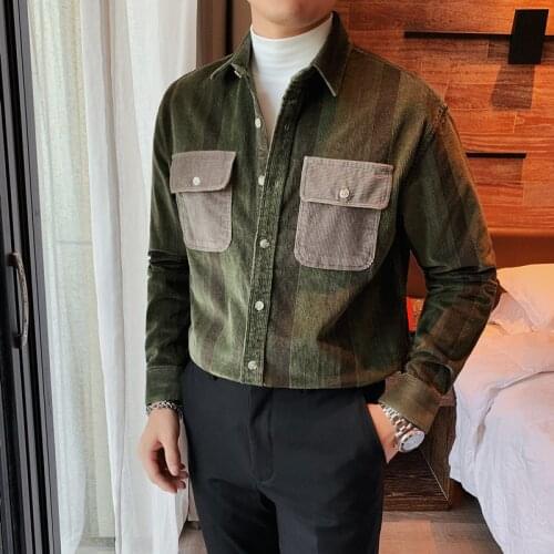 Top Quality Autumn Winter Thick Corduroy Striped Shirts For Men Clothing 2021 Front Double Pockets Long Sleeve Camisa Masculina