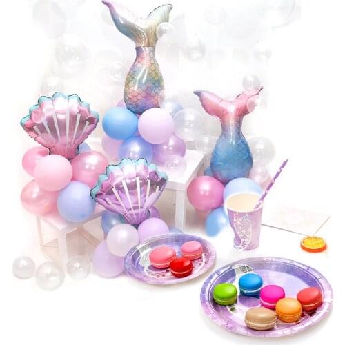 Princess Little Mermaid Theme Party Tableware Set Disposable Paper Cup Purple Seashell Tablecloth Happy Birthday Party Decorate