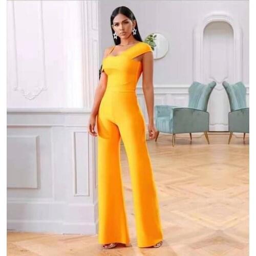 Newest Fashion Black/Orange Back Zip Design Celebrity Party Bandage Shirt and Long Pants Suits